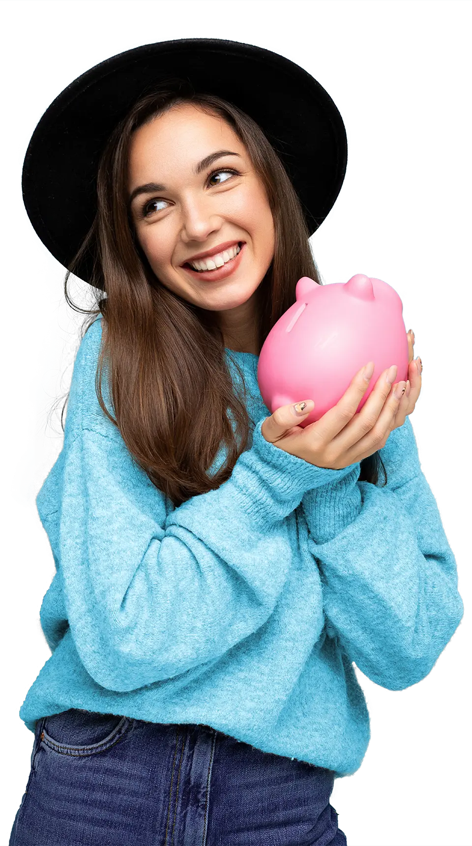 Young woman holding her piggy bank.